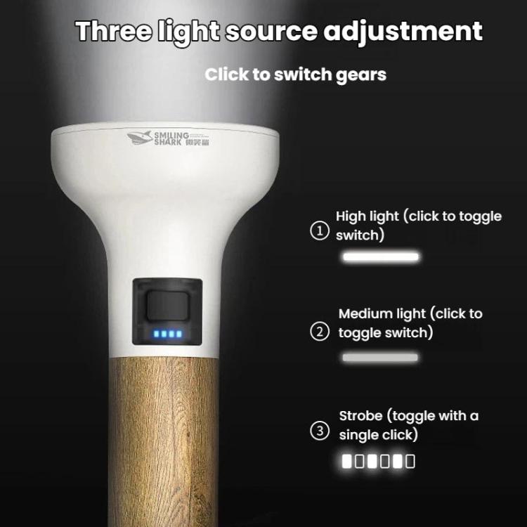 White wood-handled portable LED flashlight showing three light mode settings