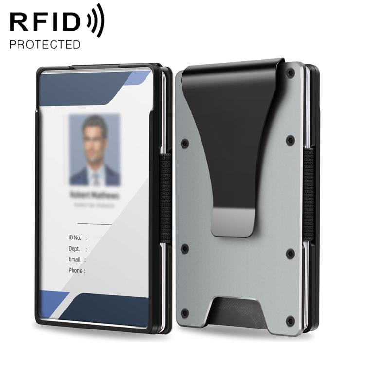 Gray aluminum badge holder card wallet with RFID protection, front and back shown