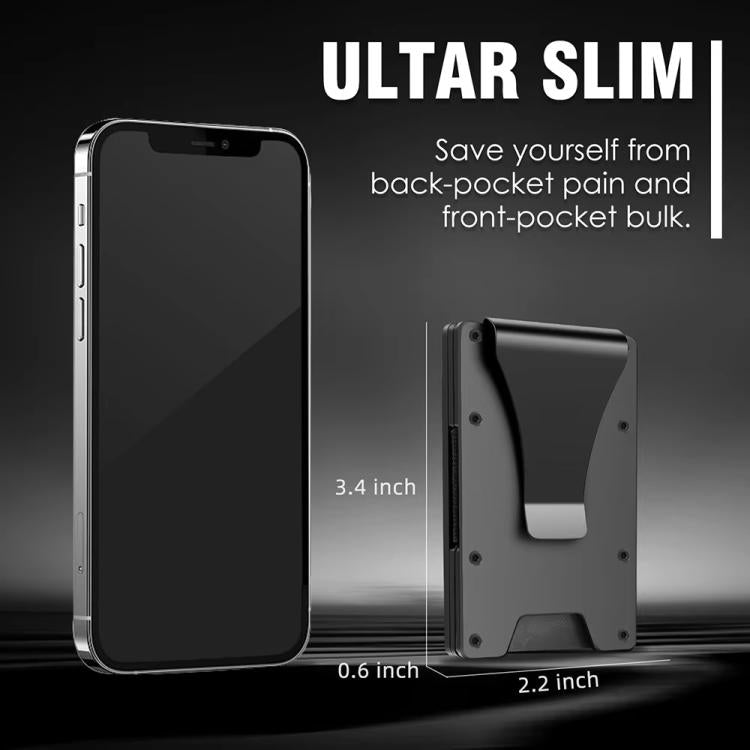 Slim black aluminum badge holder card wallet with back plate, side view