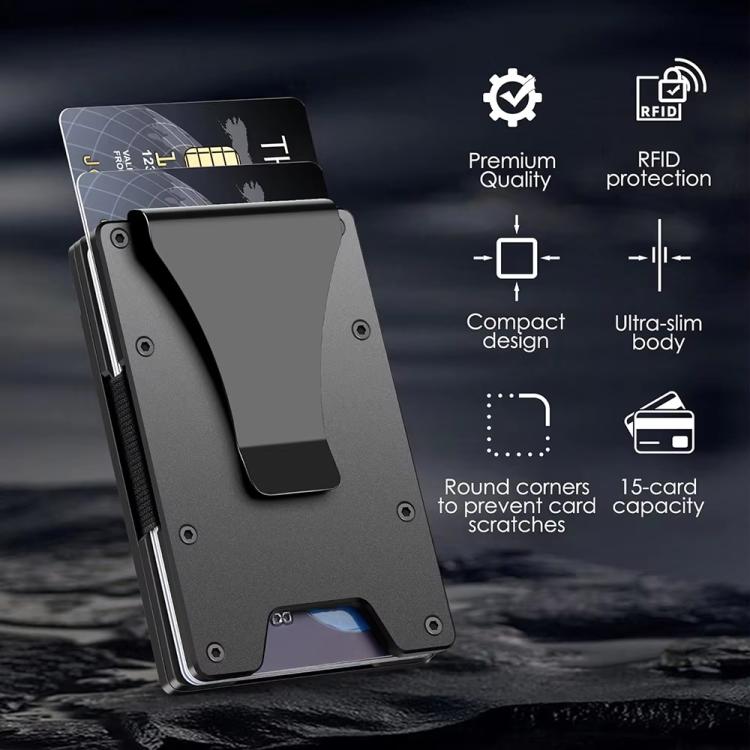 Black aluminum RFID badge holder card wallet, front with card compartment