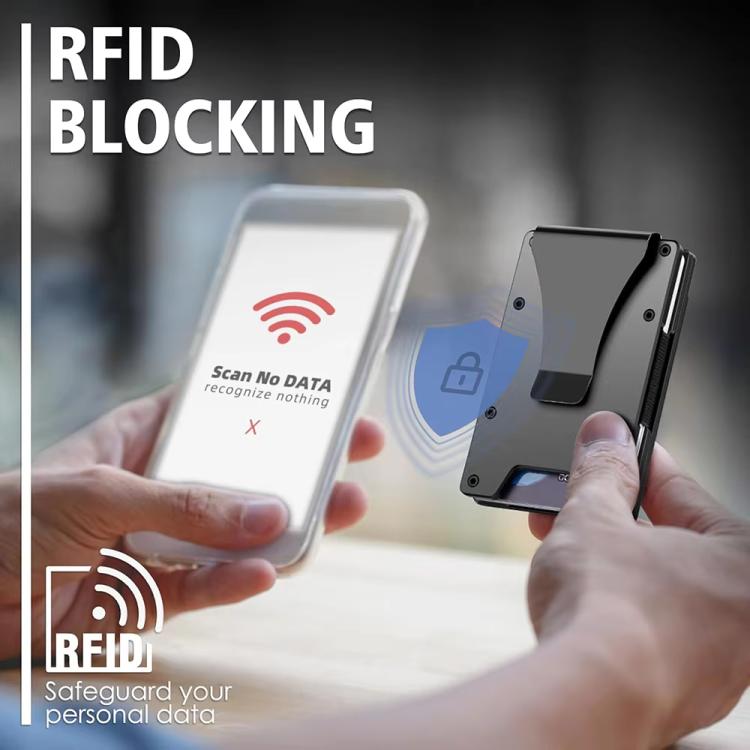 Black aluminum RFID blocking badge holder card wallet held in hand