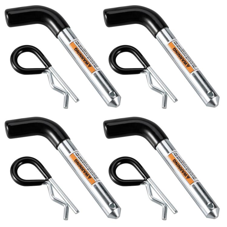 Rust-resistant trailer hitch pin set with black grips and silver shanks, plus R-clips