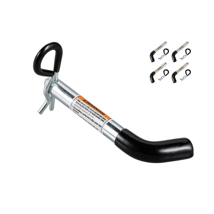 Trailer hitch pin with black handle and silver shank; includes small R-clips