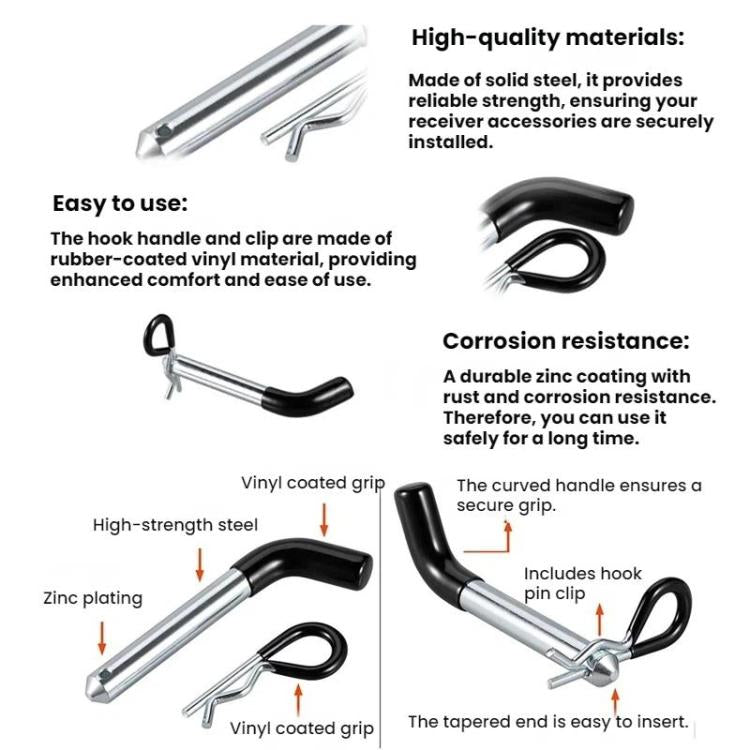 Vinyl-coated trailer hitch pin with black grip and silver steel shank, with R-clip