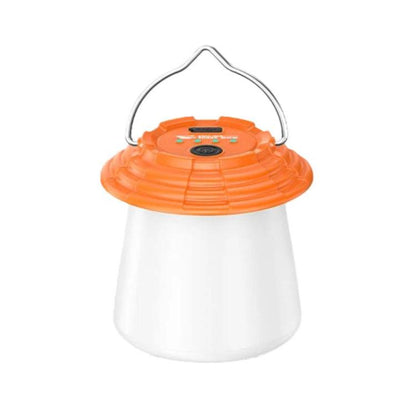 Orange rechargeable hanging camping lantern with handle and white light base