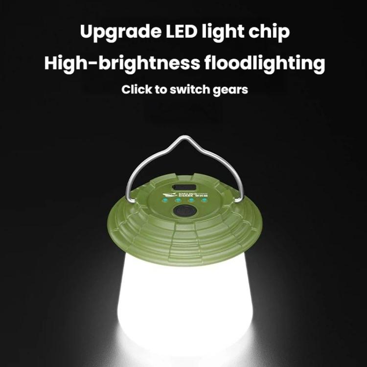 Green camping lantern with bright white glow and arched hanging handle