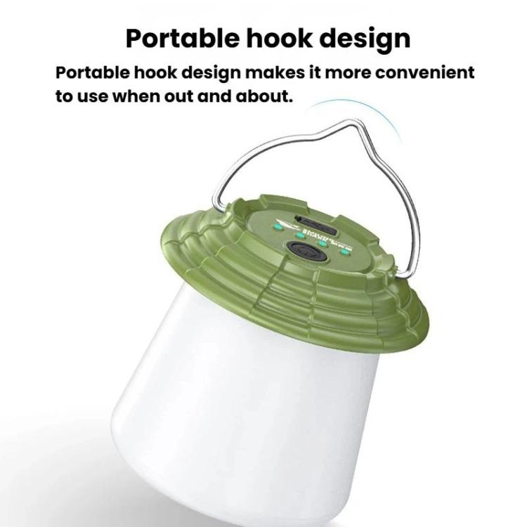 Green portable camping lantern with hanging hook and white light body
