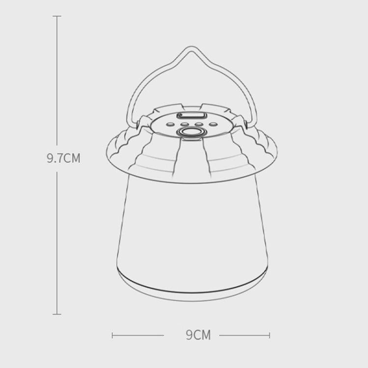 Camping lantern size diagram, 9cm diameter and 9.7cm height with handle
