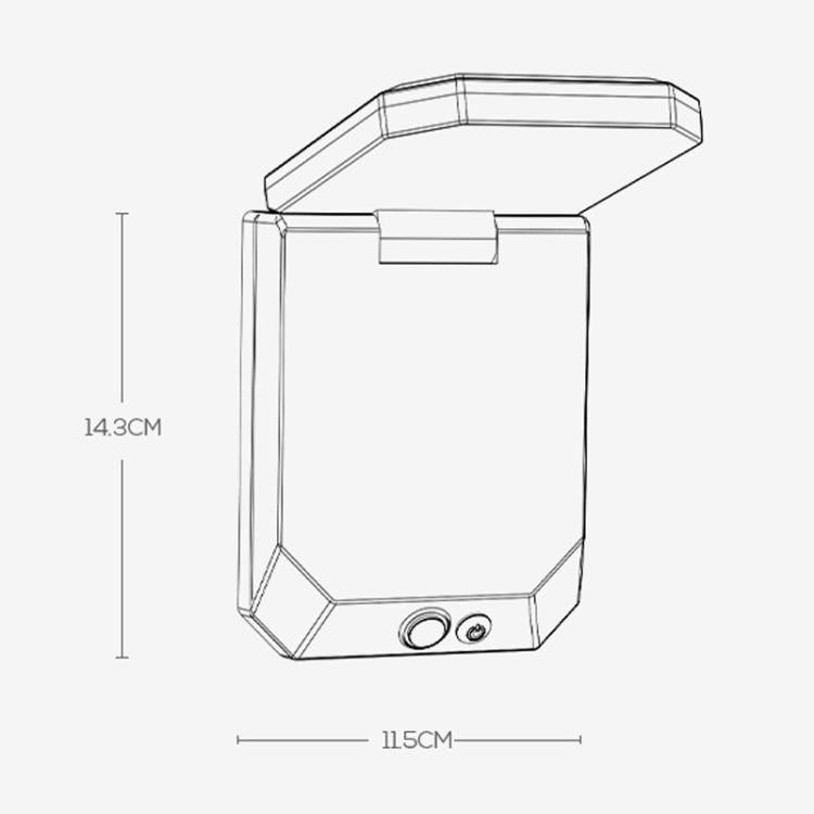 Solar motion sensor garden wall light shown with size measurements and folded head