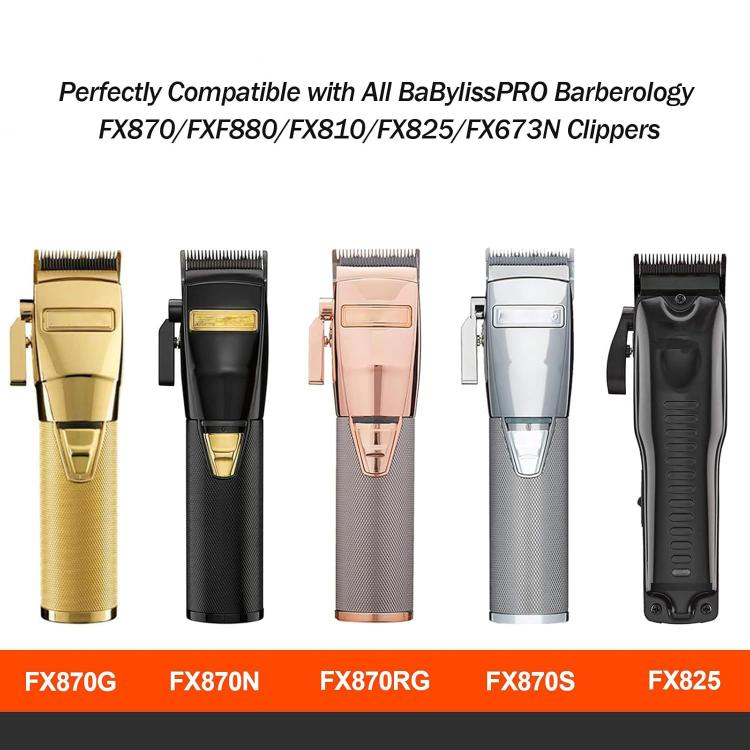 Compatible clipper blades shown in gold, black, rose, silver, and FX825 styles