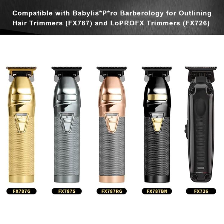 Replacement trimmer blade shown with compatible clipper models in gold, silver, and black