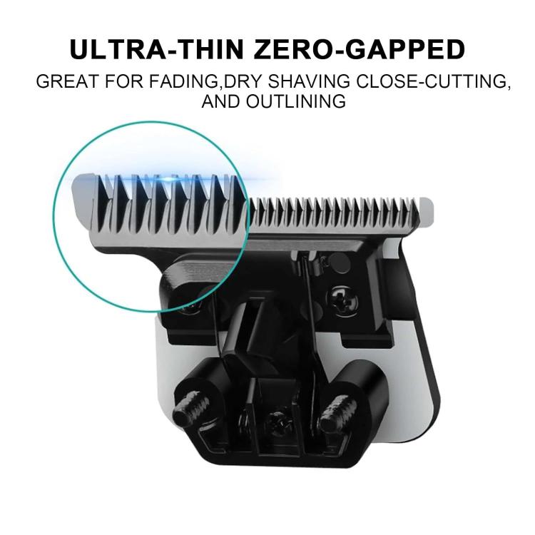 Black zero-gap replacement trimmer blade assembly with closely spaced cutting teeth