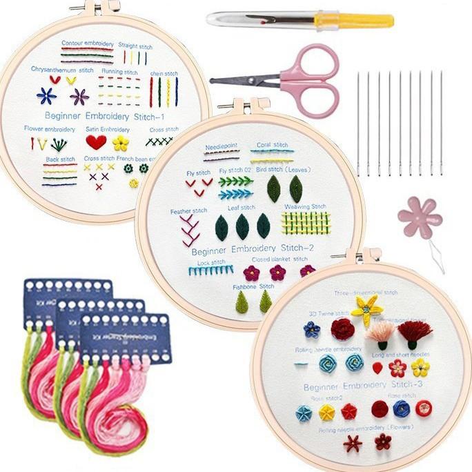 3-In-1 Embroidery Starter Kit For Beginners DIY Stitch Practice Sampler With English Instructions