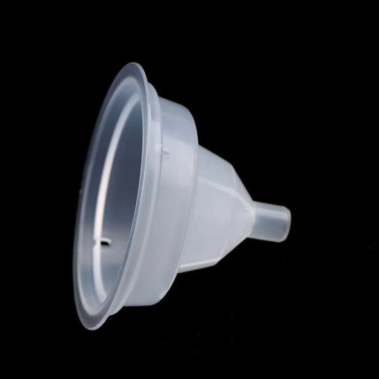 Clear plastic cleaning funnel tool, wide circular base and nozzle tip