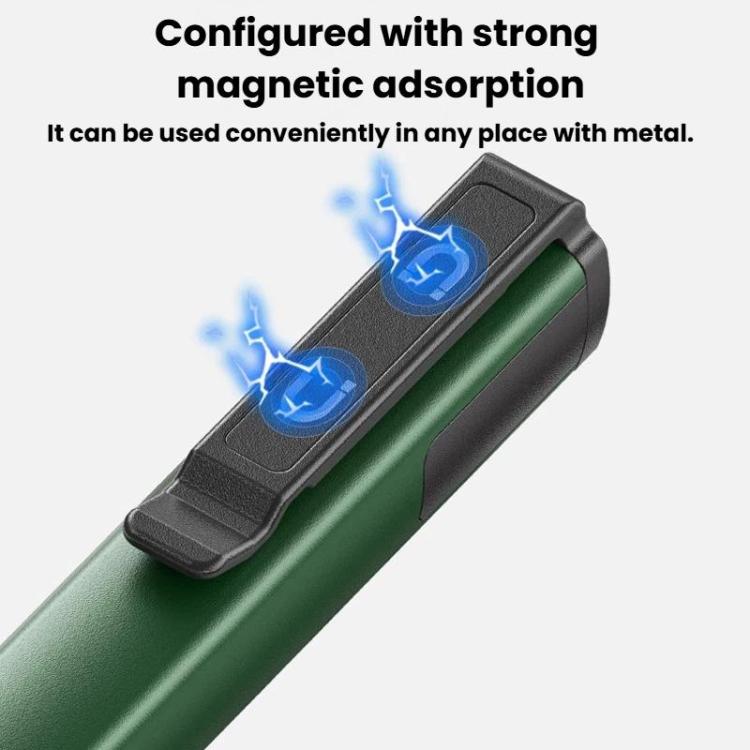 Green flashlight with black magnetic adsorption pads on top