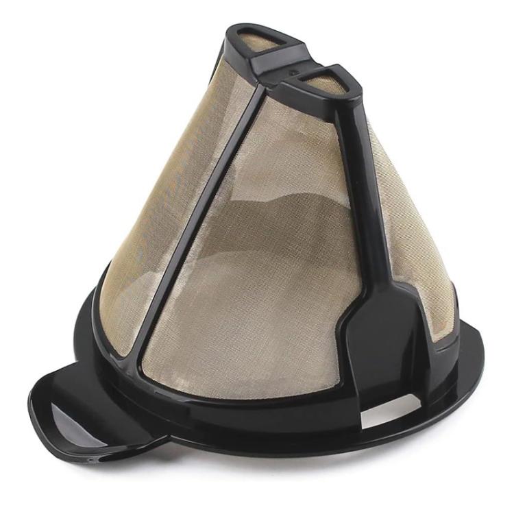 Triangular black mesh coffee filter basket with beige filter screen