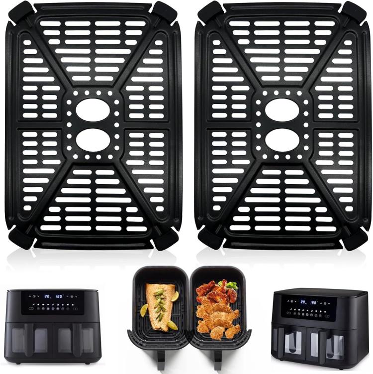Black dual-basket air fryer crisper tray and drip pan set, two square inserts
