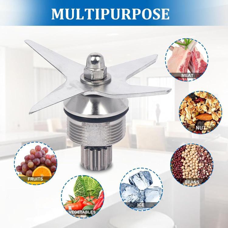 Stainless steel blender blade assembly with center hub, shown with multi-use icons