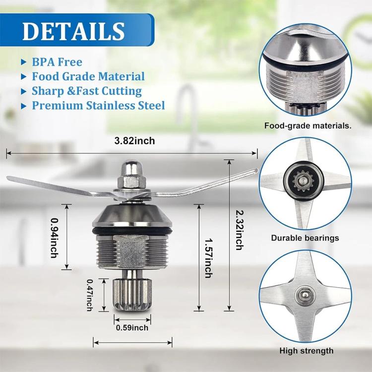 Stainless steel blade assembly with threaded base and center bolt, with size details