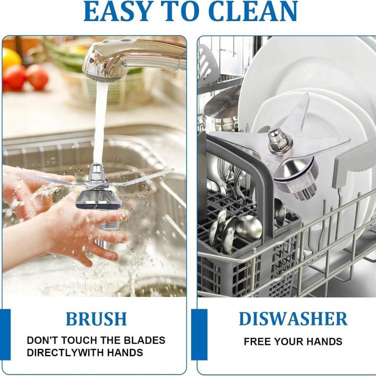 Blender blade assembly cleaning shown with water stream and dishwasher-safe graphic