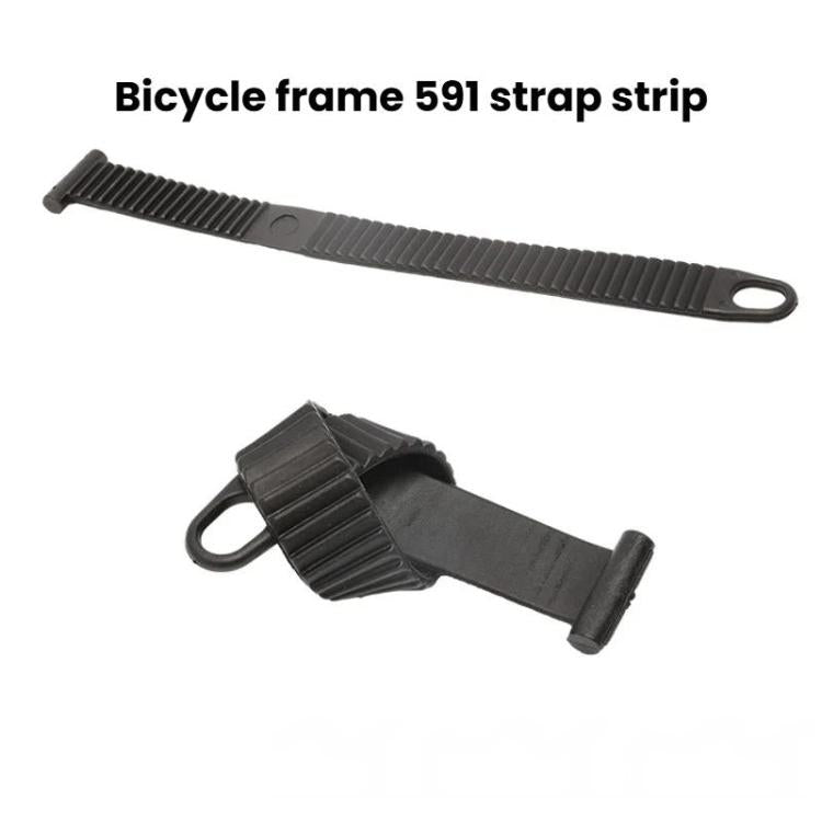 Bike rack frame fixing strap band with ridged section and round loop eyelet