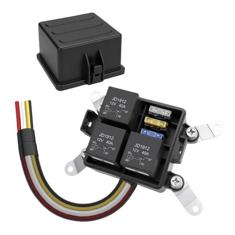 Waterproof relay fuse box with mounted base, black cover, and multi-wire harness