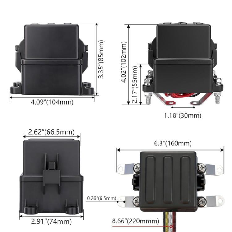 Waterproof relay fuse box with mounting holes and dimensioned side views
