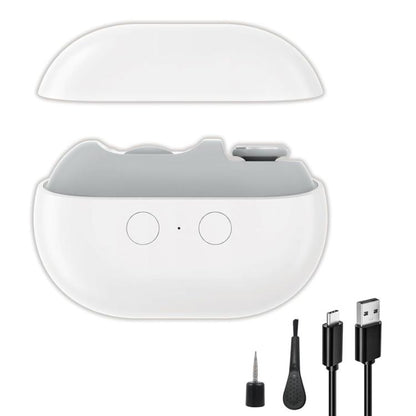 White electric nail clipper with magnetic flip cover open and polishing head base