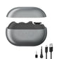 Gray electric nail clipper with magnetic flip cover open and grooming head attachments