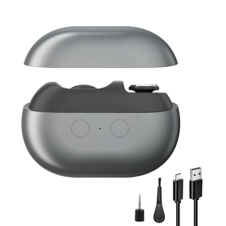 Gray electric nail clipper with magnetic flip cover open and grooming head attachments