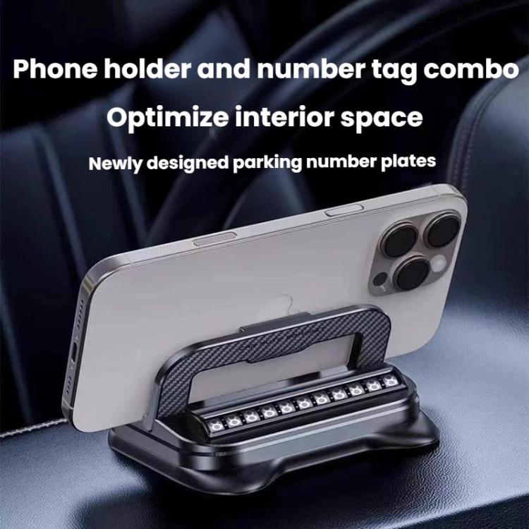 Phone holder and parking number tag combo with clamp tray on a base