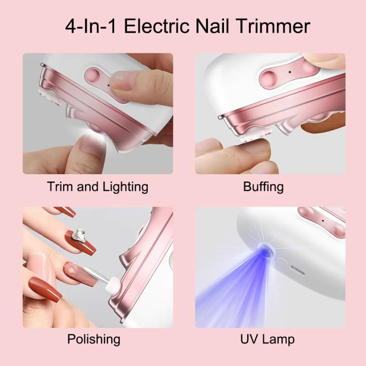 4-in-1 electric nail trimmer kit with pink device and clear UV lamp cover