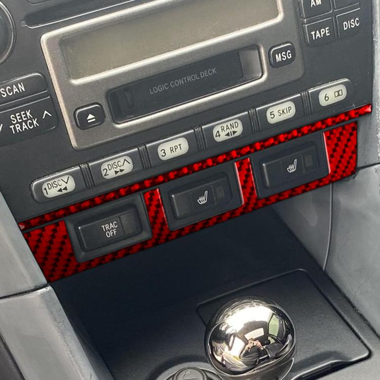 Red carbon-fiber seat heating panel sticker applied along console controls and buttons
