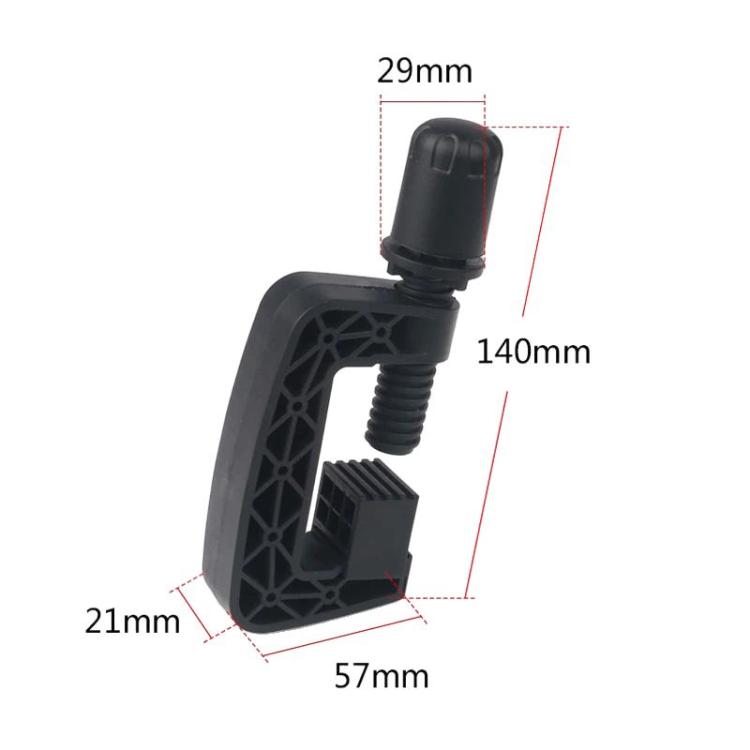 Gaming steering wheel mount clamp with dimensions, black plastic, 140mm height