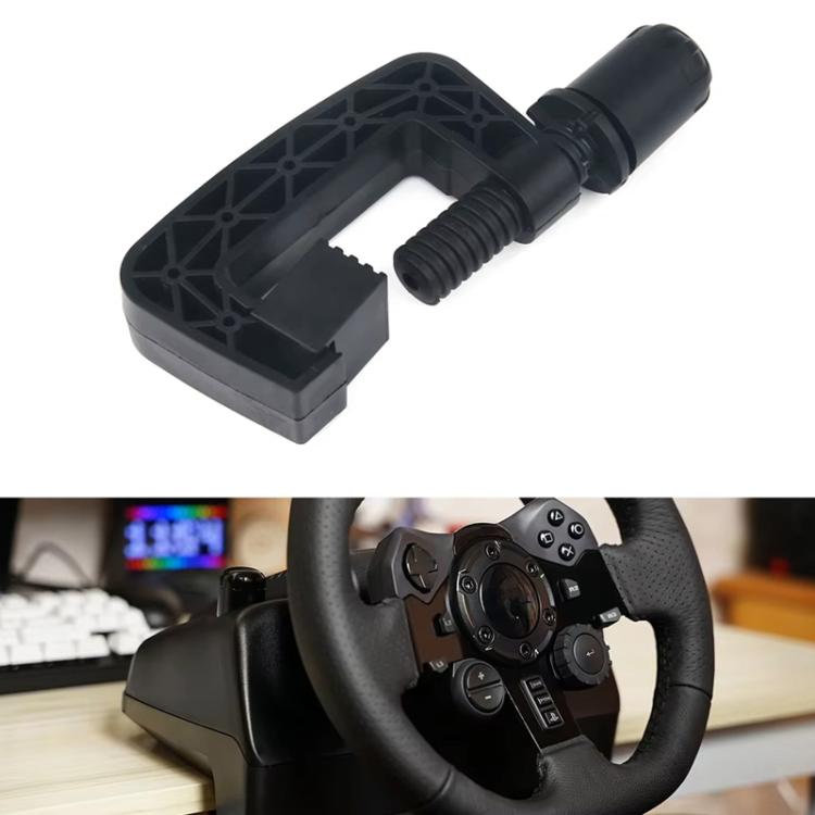 Gaming steering wheel mount clamp attached to steering wheel, black plastic