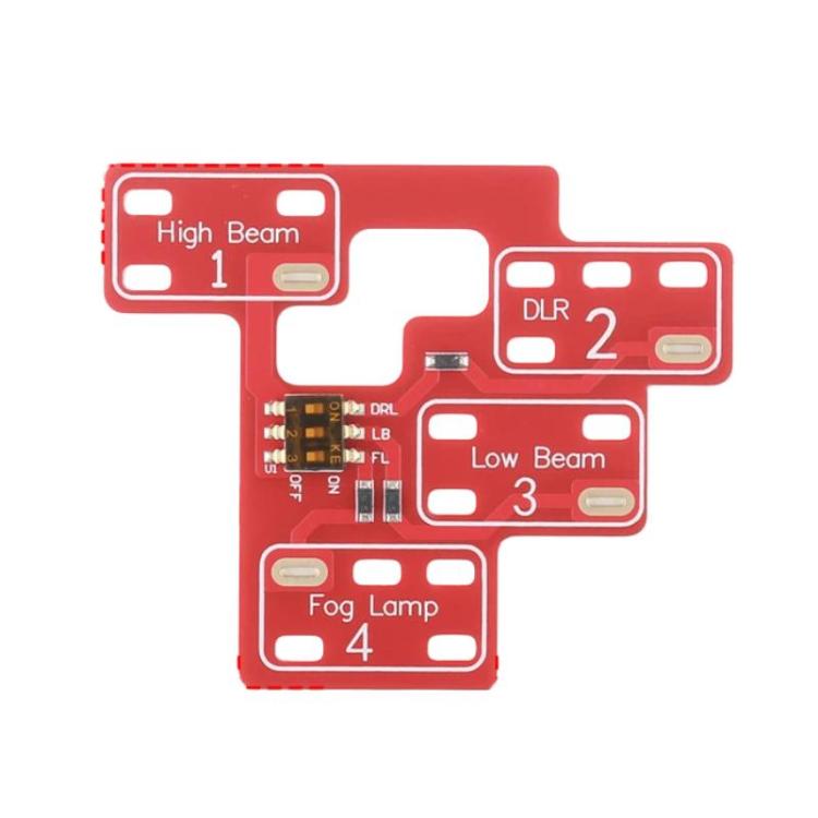 Red headlight circuit board with DRL, low-beam, high-beam and fog lamp sections