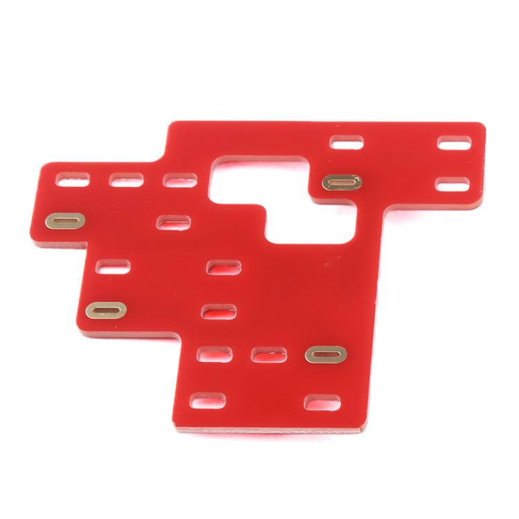 Red PCB mounting plate with multiple cutouts and mounting holes