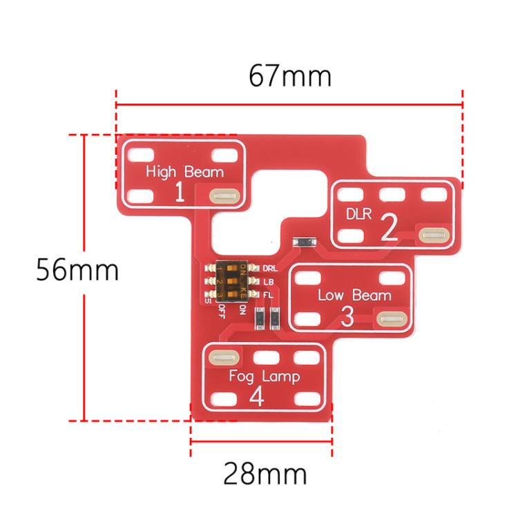 Red circuit board with size diagram: 67mm by 56mm by 28mm