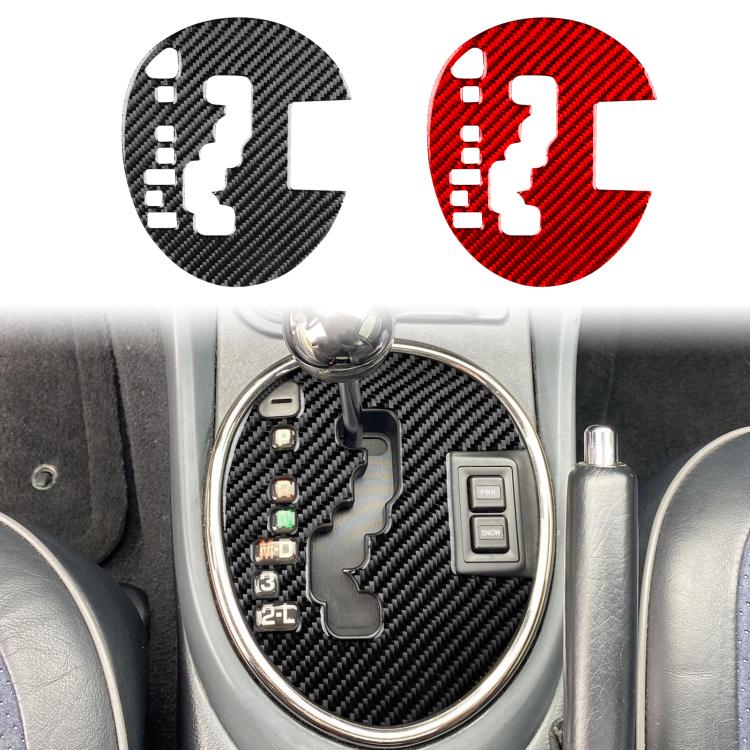 Gear shift panel sticker on center console, black carbon fiber with cutout pattern