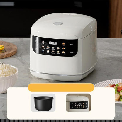 White electric rice cooker with front color screen and button menu controls