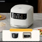 White 2L electric rice cooker, angled front view with glowing digital display