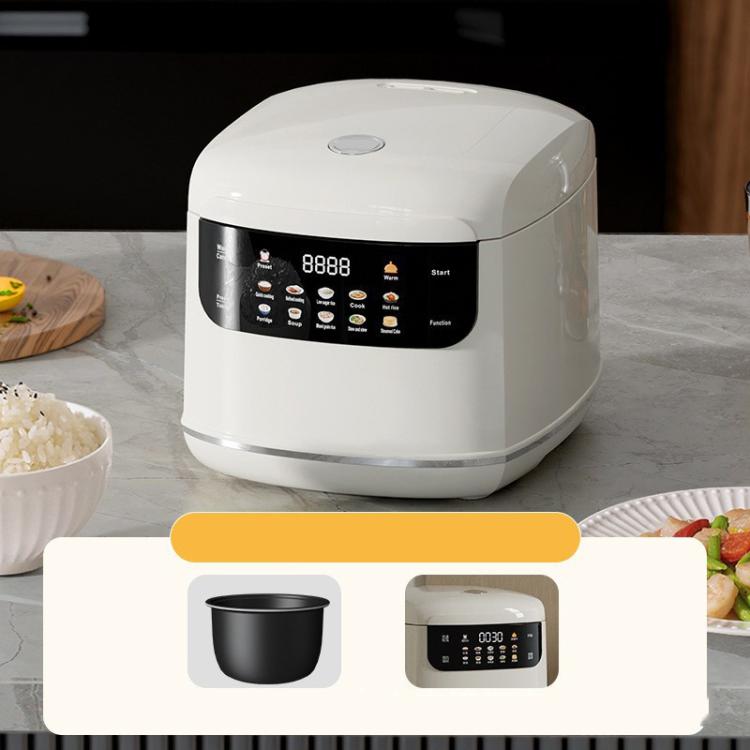 White electric rice cooker front panel with color display and preset function buttons