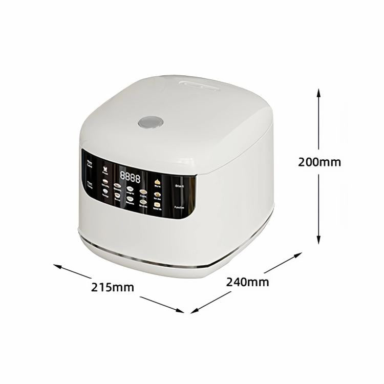White electric rice cooker with front control panel and size dimensions