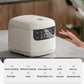 White electric rice cooker with front control panel and preset menu icons