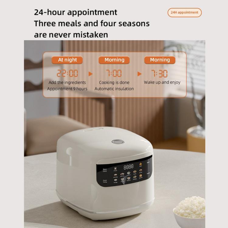 White electric rice cooker with color display and black control panel