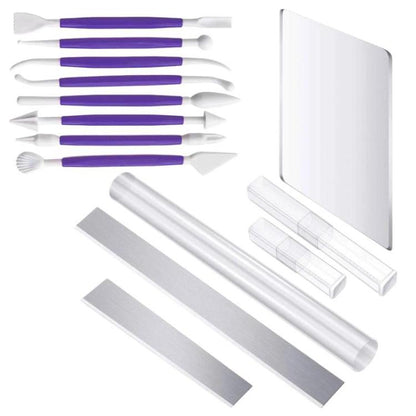 Pottery sculpting tool set: purple-and-white carving knives, acrylic rods, and shaping boards