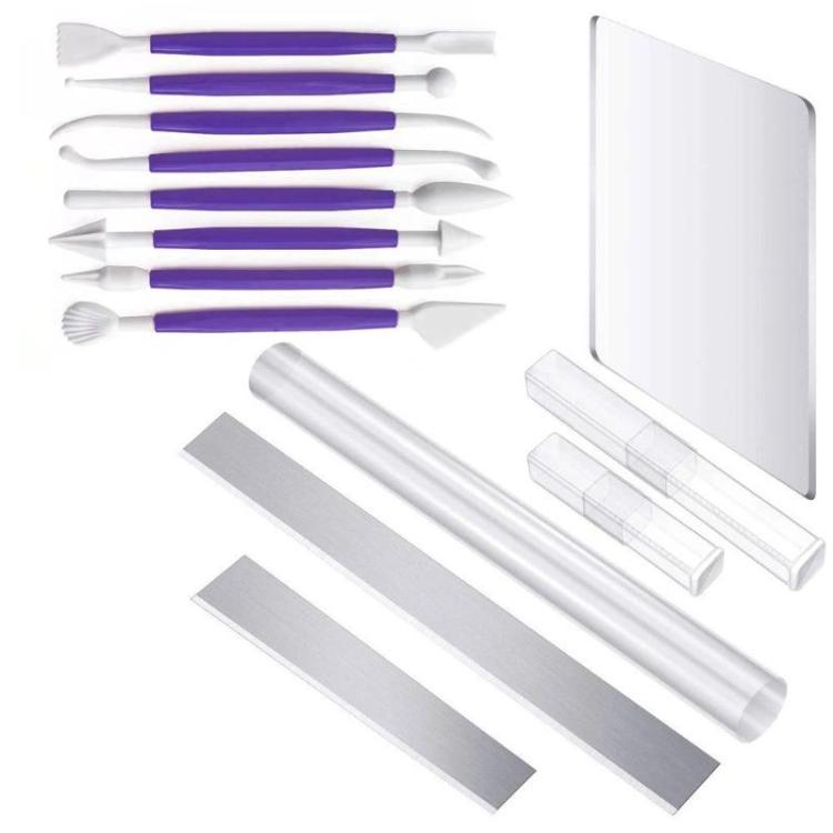 Clay sculpting knife kit with purple handles, acrylic rods, and translucent shaping sheets