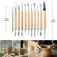Pottery detail needle and loop tools with wooden handles, arranged with size guide