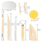 Ceramic sculpting tool parts diagram: yellow silicone pad, wooden scrapers, metal needles