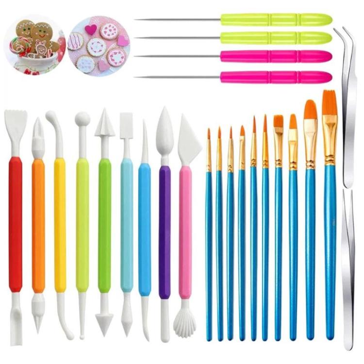Pottery clay sculpting tool set, colorful-handled brushes, knives, and detail needles